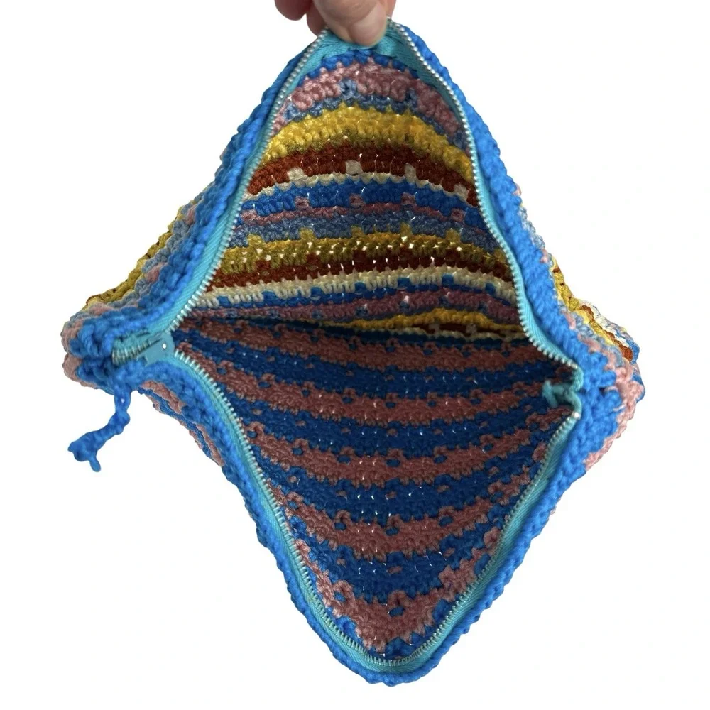 Vintage 70s Stripe Crochet Clutch Purse Makeup Bag Handmade‎ Multicolor Retro